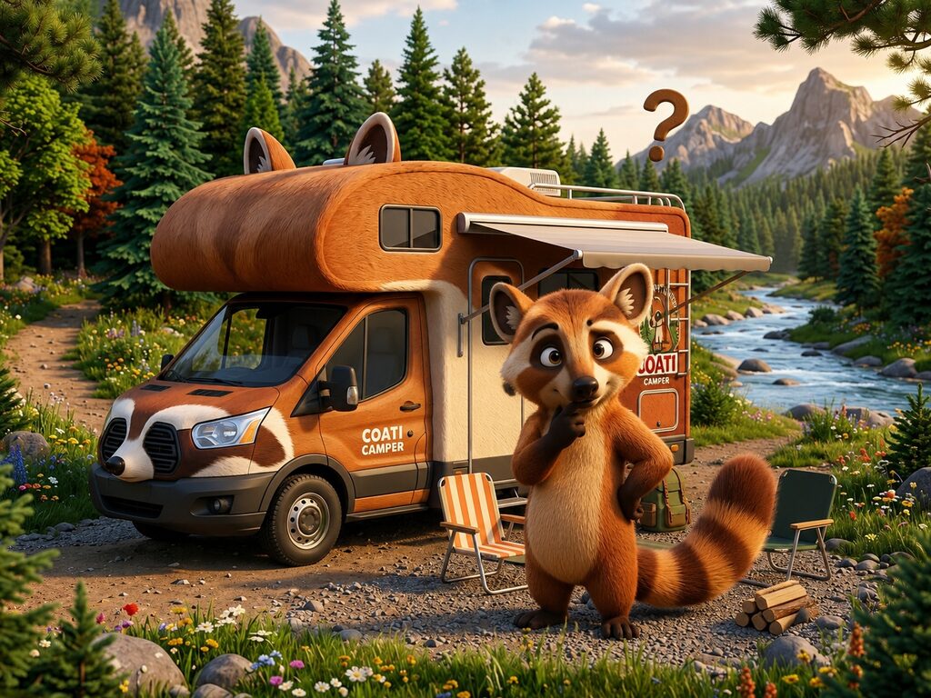 ein Waschbär steht vor dem Wohnmobil mit Namen Coati